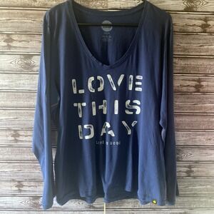 Life Is Good Women's Long-Sleeved Top Size XXL Blue Red Stitch Fitted V-Neck